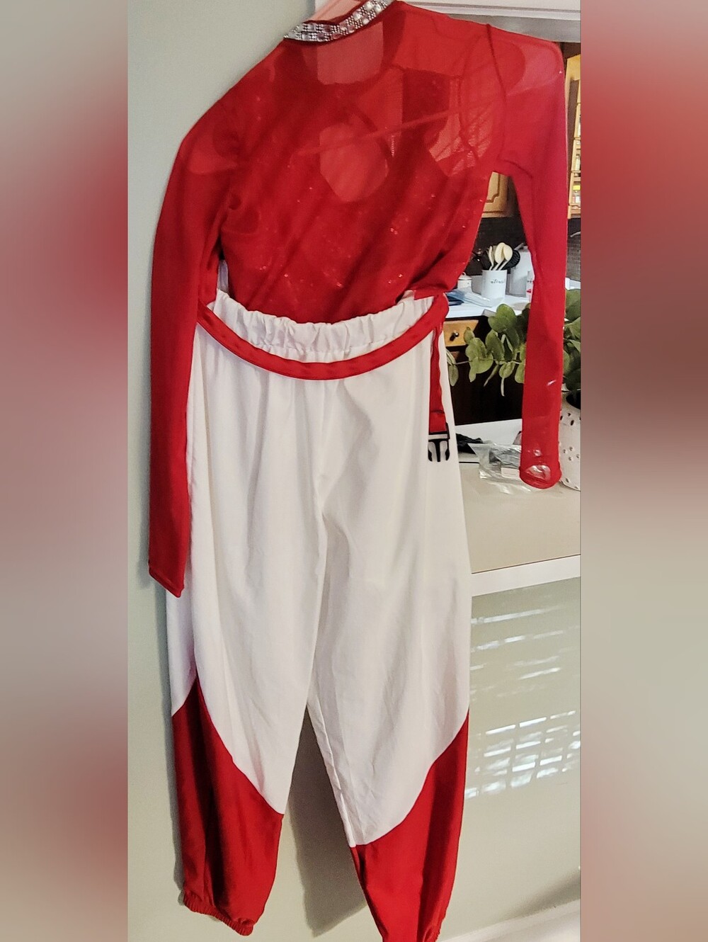 Red & White Hip Jop Jumpsuit - Sheer Top with Colorblock Pants